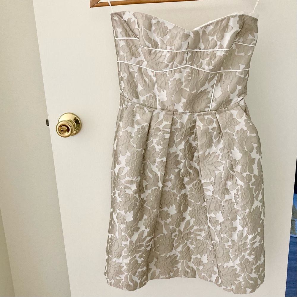 Strapless mini dress cream taupe brocade Cynthia Steffe